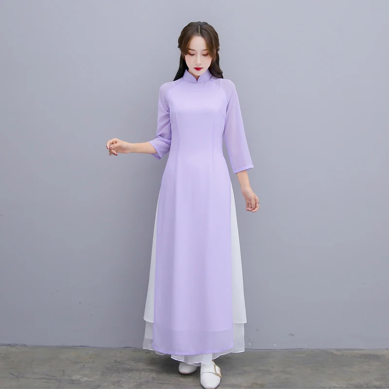 Женское однотонное белое aodai вьетнамское традиционное платье ao dai вьетнамское платье вьетнамские костюмы улучшенное платье Ципао - Цвет: color3