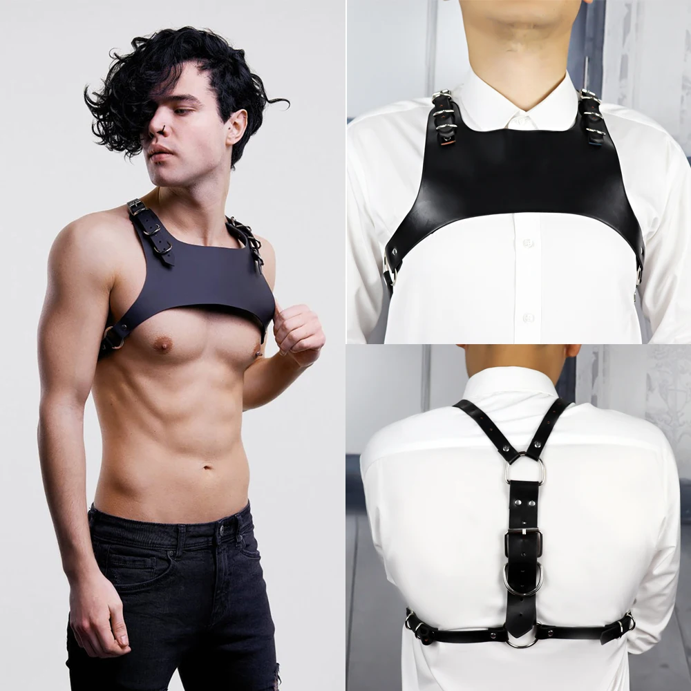 

Men Length Open-chested Leather Harness Vest Starps Gay Punk Sexy Chest Harness Male Mature Leather Shoulder Belts Body Bondage