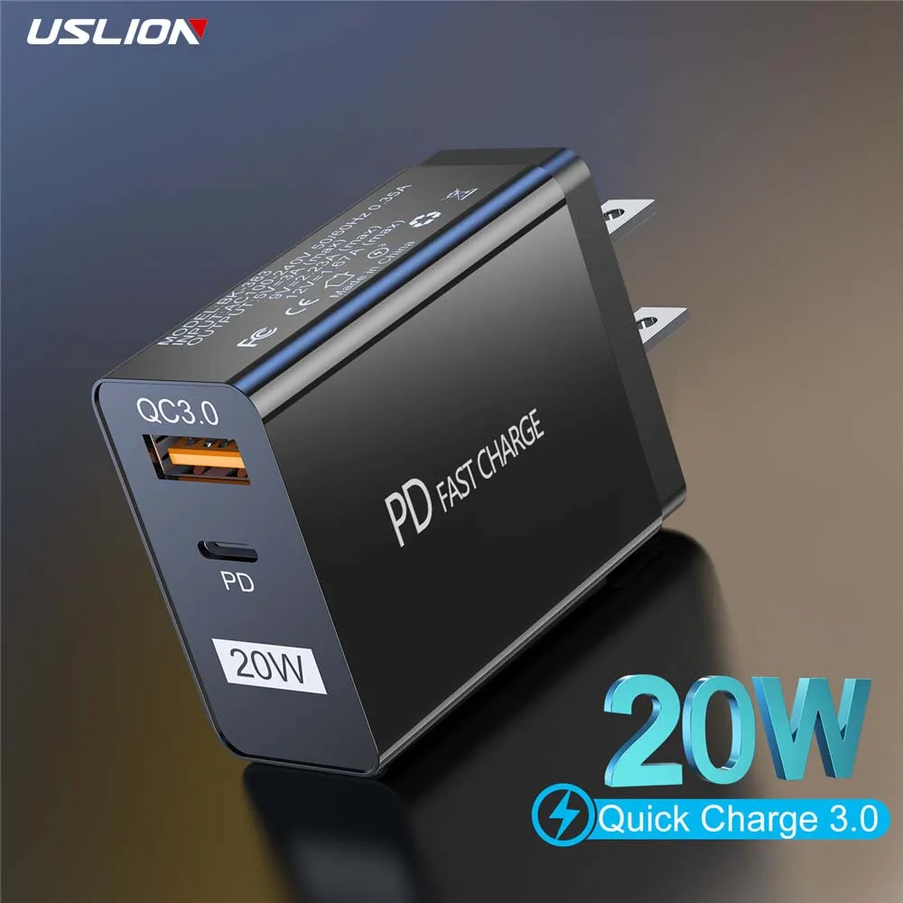 

Зарядное устройство USLION для быстрой зарядки, 20 Вт, PD QC 3,0, Тип C, быстрая зарядка для iPhone 13, Xiaomi, Samsung, USB-зарядка, адаптер для ЕС и США