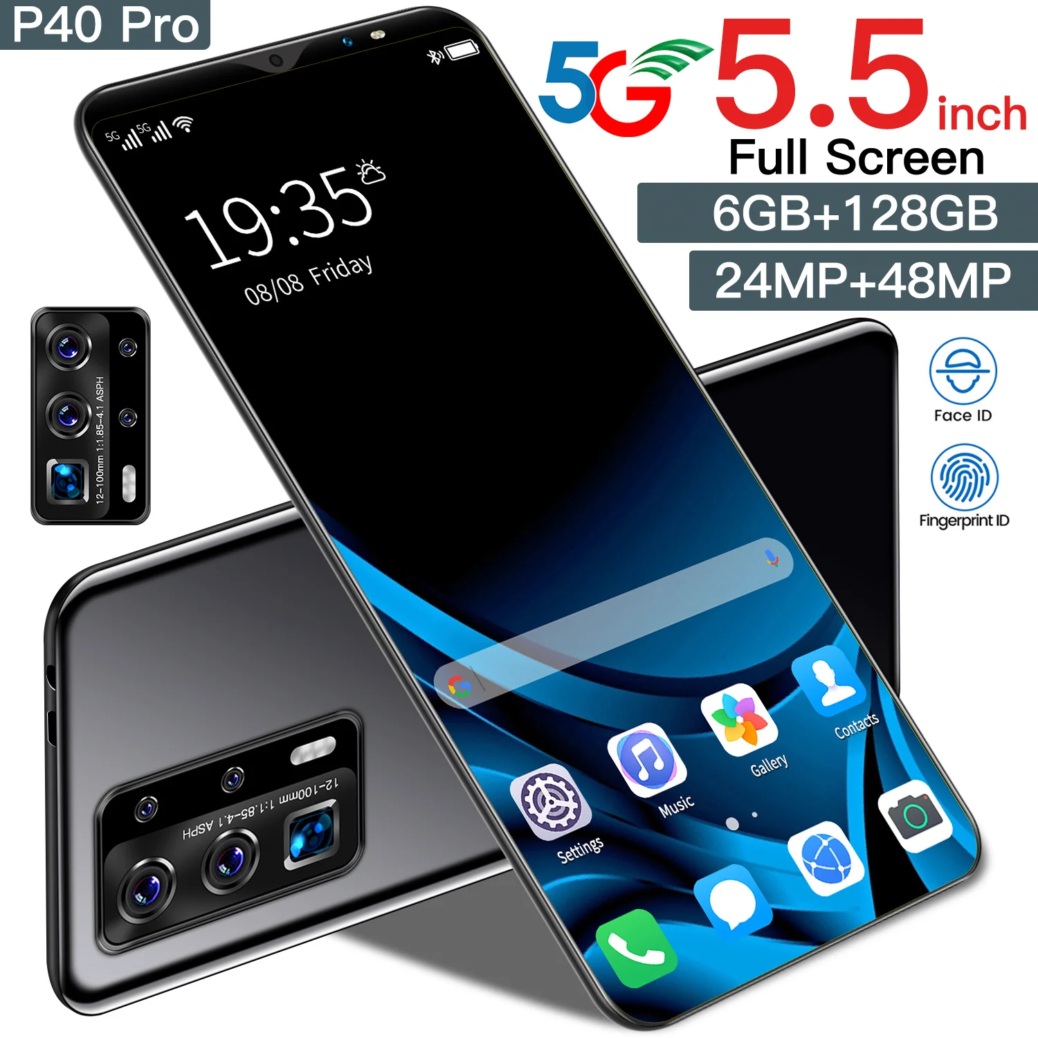 

Global Version P40 Pro 5.5Inch Full Screen 8+128GB 24MP+48MP 10Core MTK6763 Fingerprint Face ID 4800MAH Dual SIM Android 10.0