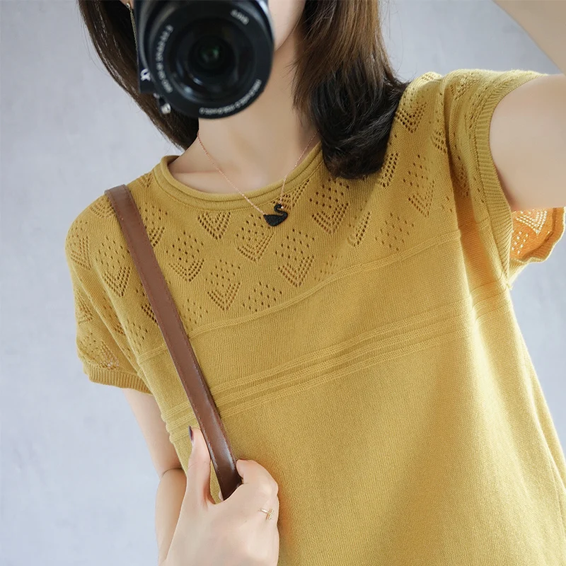 

Summer Women's Sweater Thic Casual O-Neck Short Sleeve Female Pullover 100% Cotton Knitted Tops Thic Jumper Tees Clothes T-Shirt