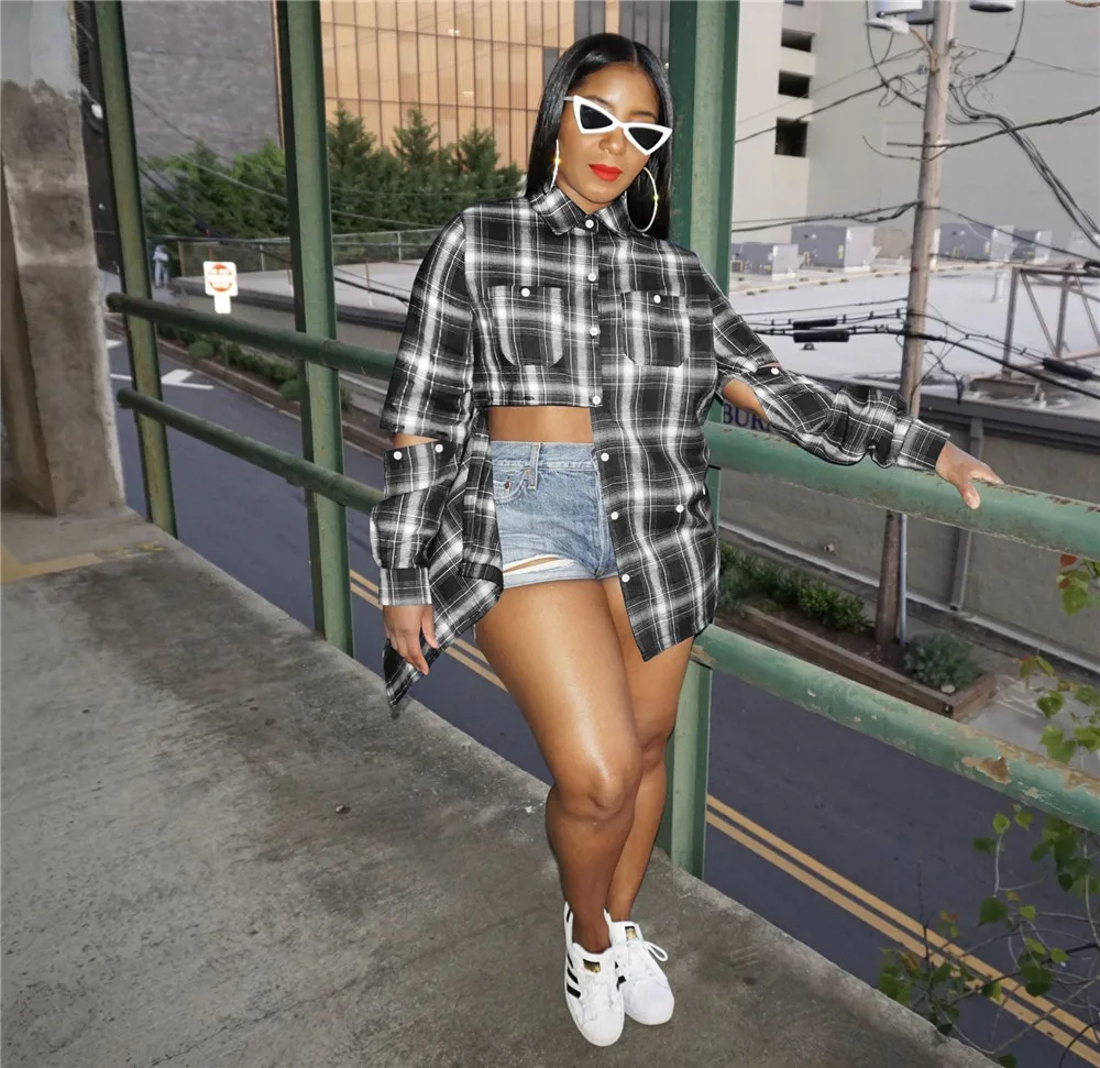Streetwear Hip Hop Button-up Plaid Blouse Women Turn-down Collar Loose Oversized Blouse Shirts Ladies Casual Chic Top Blusas