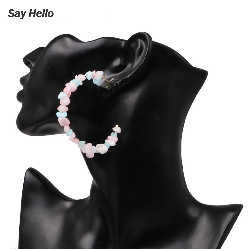 SAY HELLO Women's Bohemian Geometric Stone Beaded Hoop Earrings Female Oversize Circle Pink Brinco F0238 | Украшения и