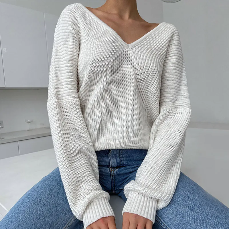 

Women's Oversize Pullover Sweater Knitted Thick Ladies Sweaters V Neck Solid Long Sleeve Warm 2021 Autumn Winter Knit Jumper Top