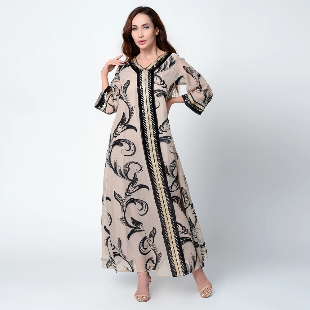 Мусульманское платье Дубай блестки вышивка V-образный вырез абайя арабский