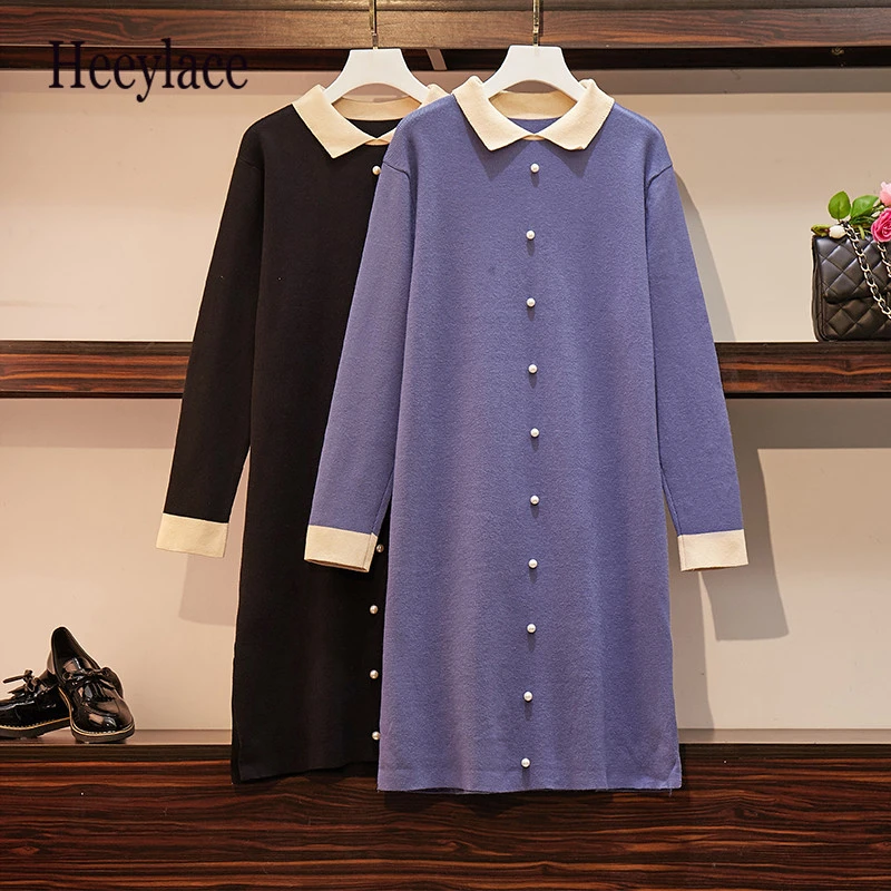 5XL размера плюс Женский вязаный свитер платье осень зима 2019 мода Питер Пэн