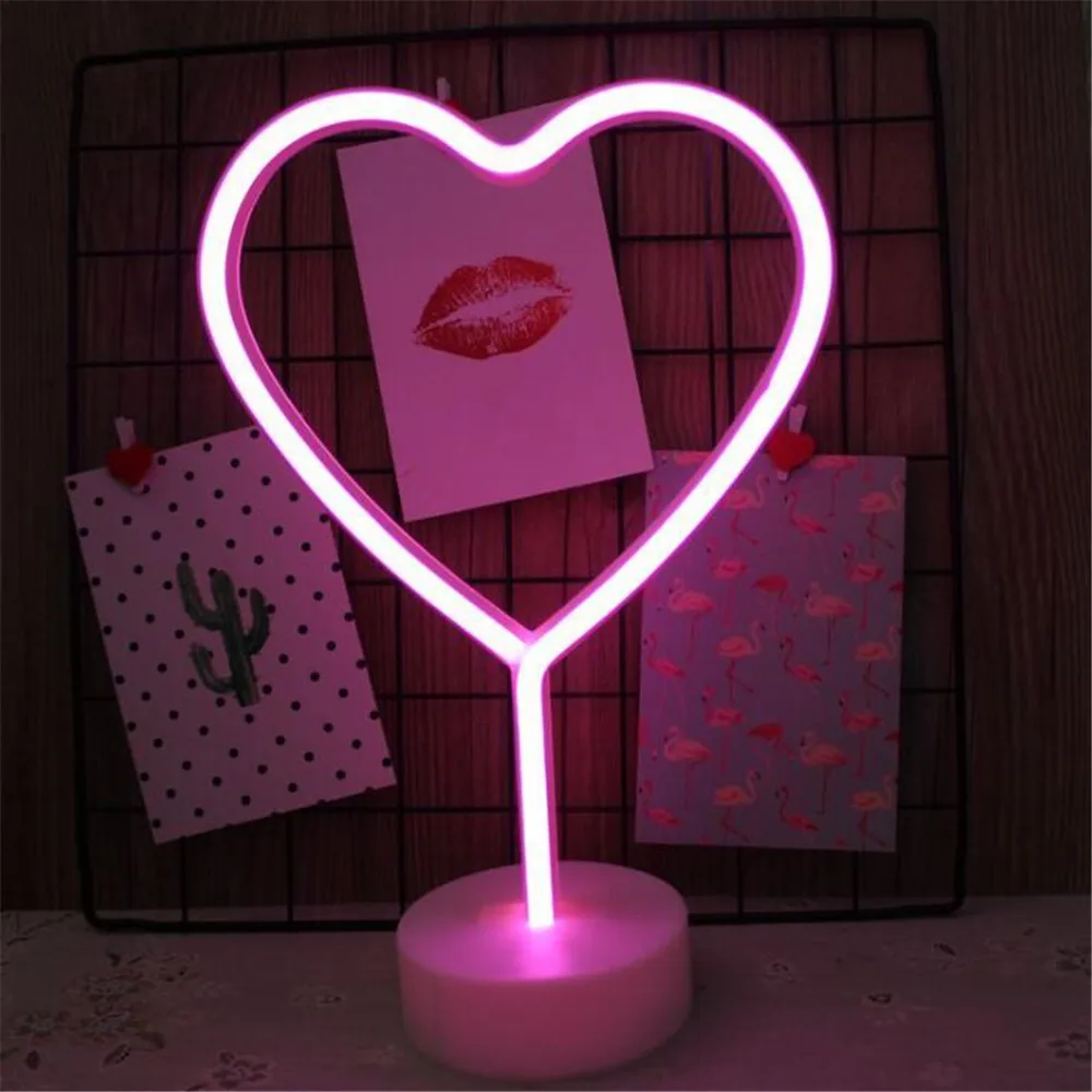 pink heart Светодиодный ночной Светильник неоновый ананас кактус Форма с базой Батарея питание настольная лампа для детской комнаты Рождественский праздник Lamparas - Испускаемый цвет: pink heart