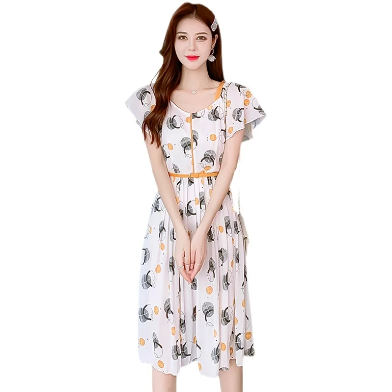 

2021 Summer Chiffon Dress Women French Style A-line Short Sleeve Slim Waist Midi Dress Casual Elegant Korean Vestidos