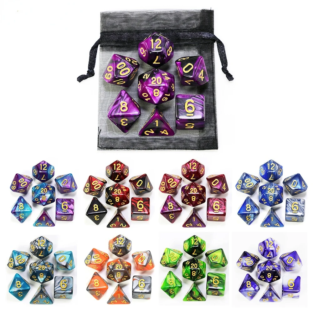 

Polyhedral Dice Set with Pouch Double-Colors Gold Numbers of D4 D6 D8 D10 D% D12 D20 for DND RPG Table Games