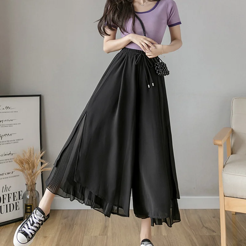 

Women Korean Fashion Casual Drape Elegant Loose Trousers Clothes Chiffon High Waist Wide Leg Pants Comodi Pantalones De Mujer