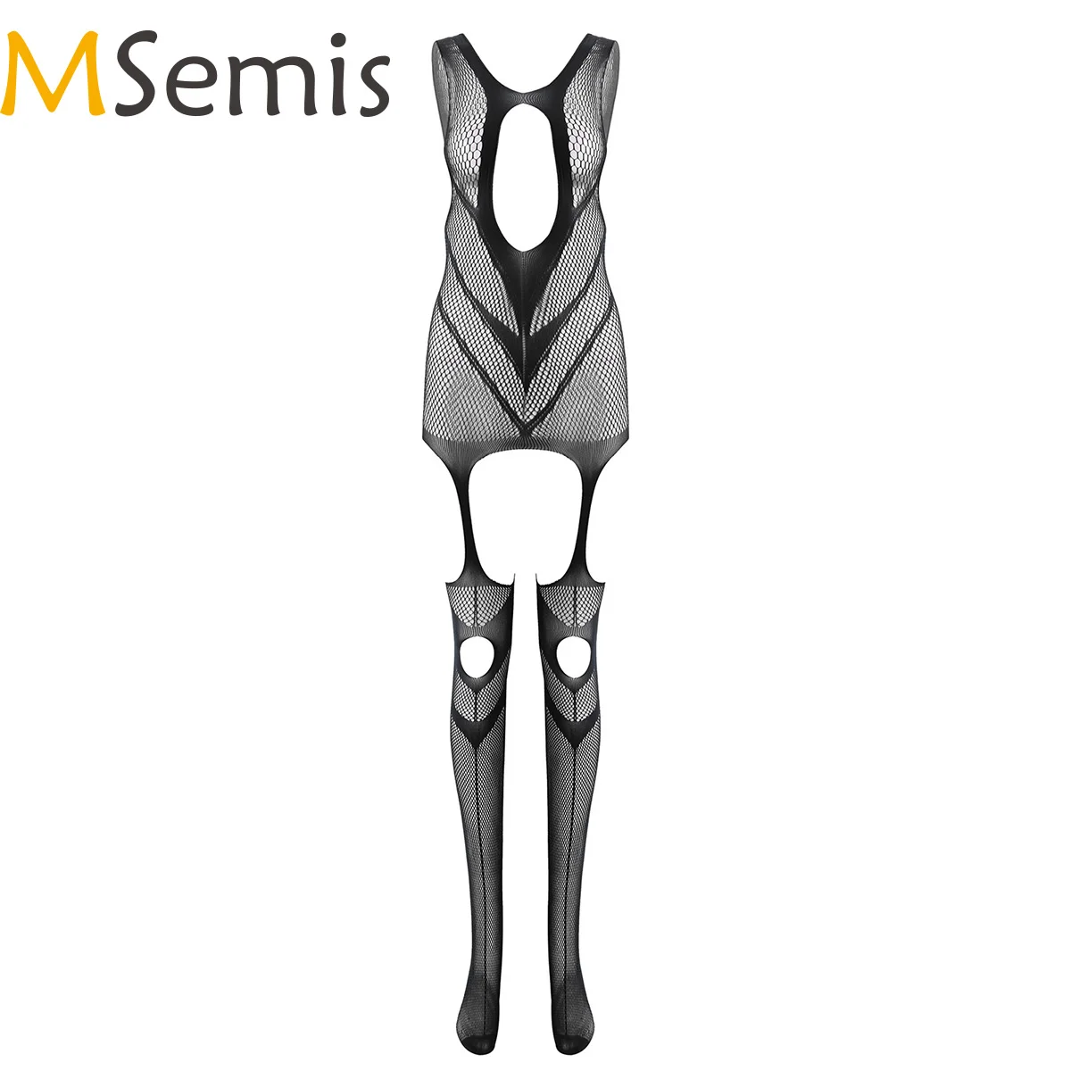 

MSemis Women Exotic Teddies See-through Keyhole Bodystocking Hollow Out Mesh Sleeveless Crotchless Bodysuit Stretchy Nightwear