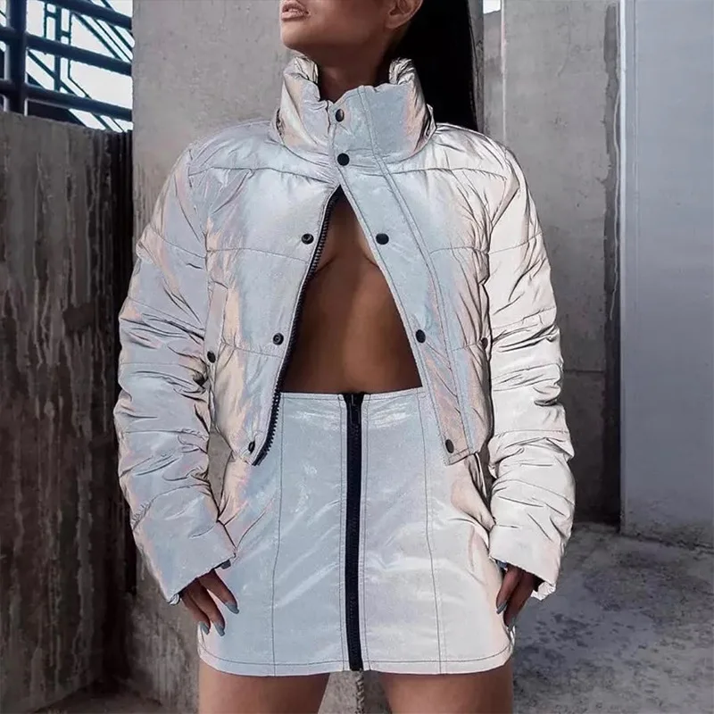 

Women's Winter Jacket Single Breasted Zipper Stand Collar Solid Reflective Cotton Clothes Fashion Street Trend Long Sleeve Top