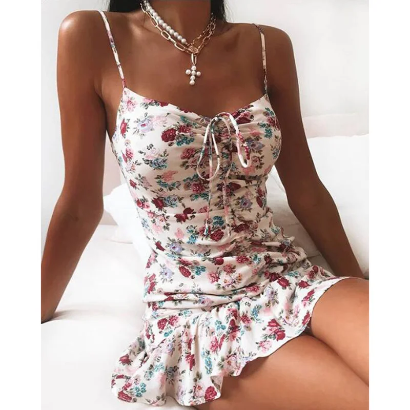 

Summer Elegant V Neck Ruffle Bodycon Spaghetti Strap Women Backless Tie Ruched Summer Dress Vestido 2021 Floral Print Mini Dress