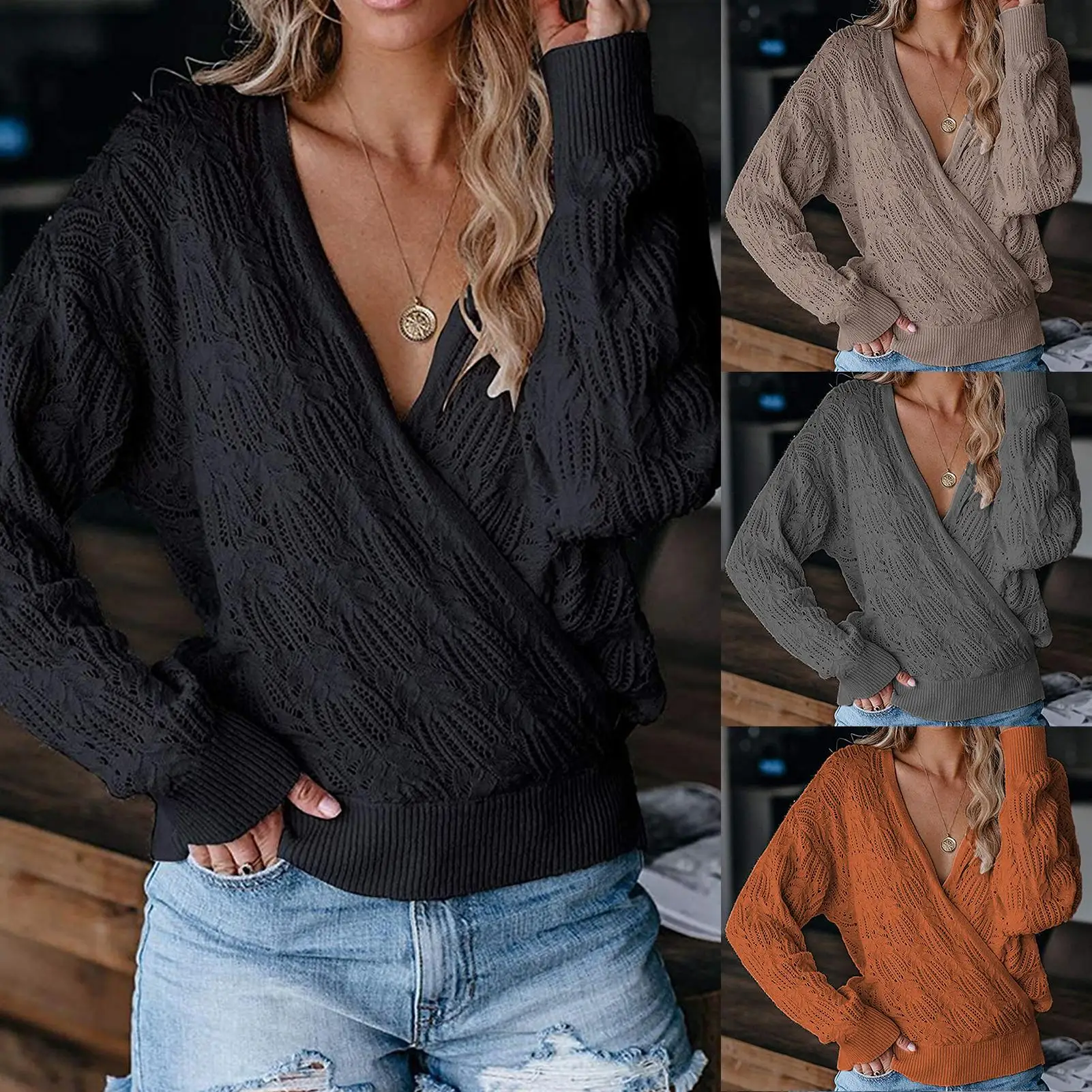 

Wrap Hollow Sweater Long Sleeve Crochet Knit Pullover Top Knitted Sweater Casual Striped Pullover Jumpers blusa de frio feminina