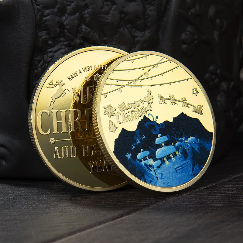 

Christmas Commemorative Medallion Coin Uv Painted Printing Metal Gold-plated Silver Badge Small Gifts Non-currency Coins