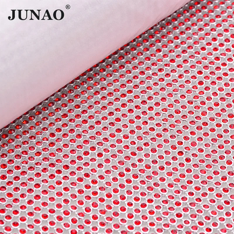 JUNAO 45*120cm Red Hotfix Rhinestone Mesh Aluminum Metal Trim Crystal Fabric Sheet Strass Applique For Clothes Crafts