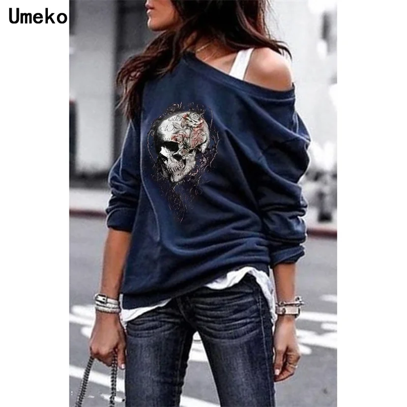 

2020 New Fashion Women's Skull Print Hoodies One Shouder Casual Soft Long Sleeve Hoodies Autumn Women Slim Sexy Top Plus Size