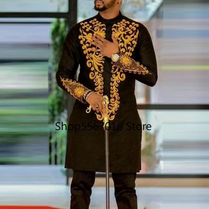 2021 New Men's Mid-length Printed T-shirt Dashiki Slim Long Sleeve Top African Men's Fashion Muslim Casual Shirt Plus Size