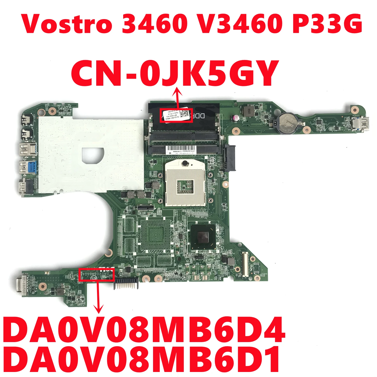 para Dell Vostro 3460 V3460 P33g Laptop Motherboard Da0v08mb6d4 Da0v08mb6d1 Slj8c Ddr3 Totalmente Testado Cn0jk5gy 0jk5gy Jk5gy Placa-mãe para notebook