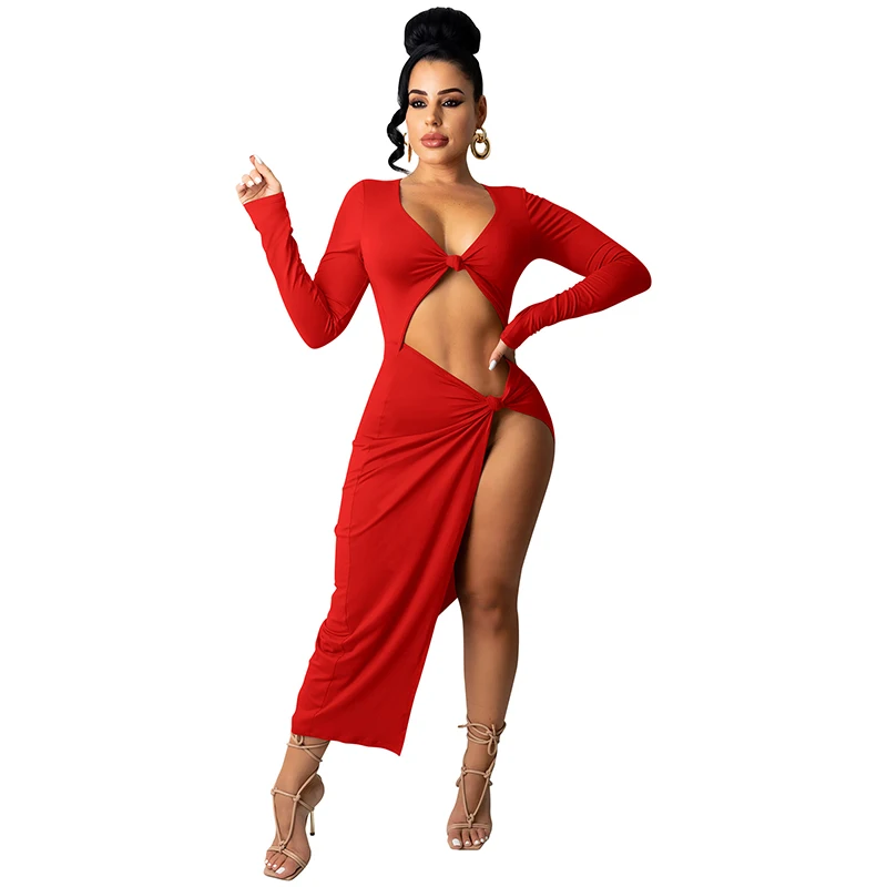 

Women Sexy Party Clubwear Solid V Neck Long Sleeve Navel Hollow Out Bodycon Dress Elegant Asymmetrical High Split Maxi Dresses