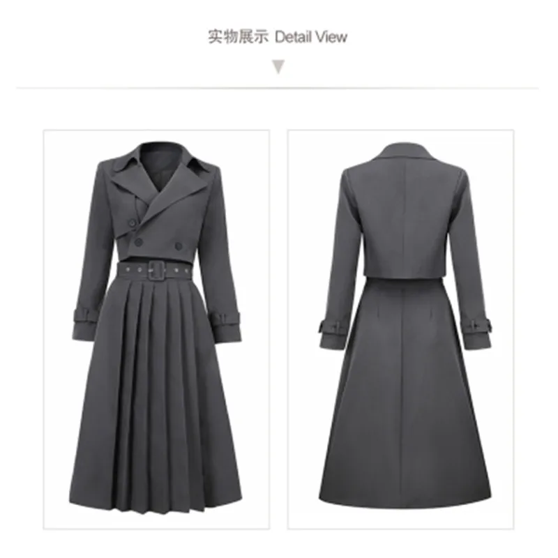 

High Quality Autumn Korean OL Office 2 Piece Set Women Short Coat + Fashion Drawstring Pleated Skirt Ladies Temperament Suits