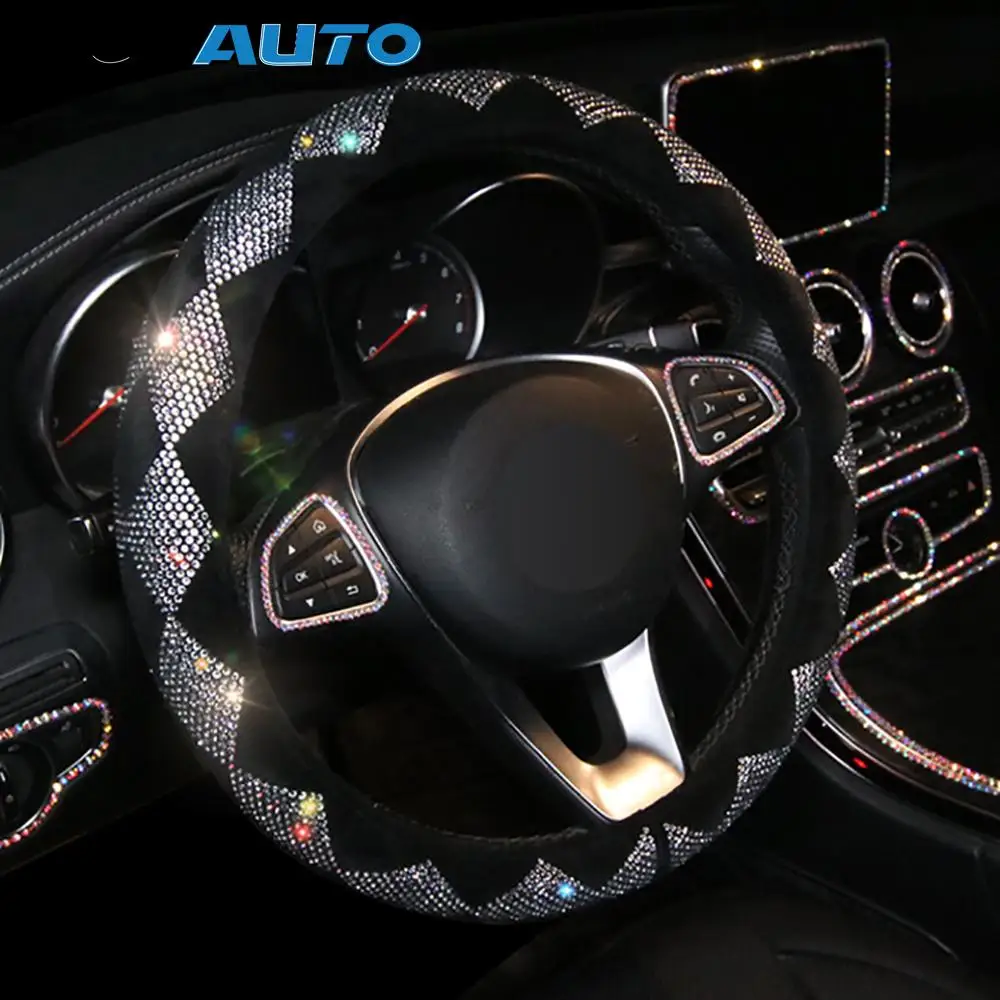 

Плюшевые Универсальные Автомобильные интерьерные украшения Чехлы рулевого колеса автомобиля Стайлинг автомобиля Красочные Стразы покрыт...
