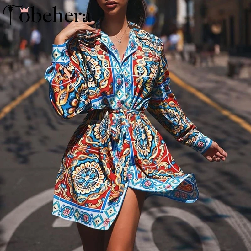 Glamaker Осеннее Синее Короткое платье с принтом пейсли женское сексуальное