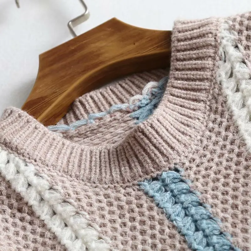 

Women's Spring autumn o-neck vertical striped patchwork sweater Female slim pullovers chic long sleeve knit tops blouse TB3623