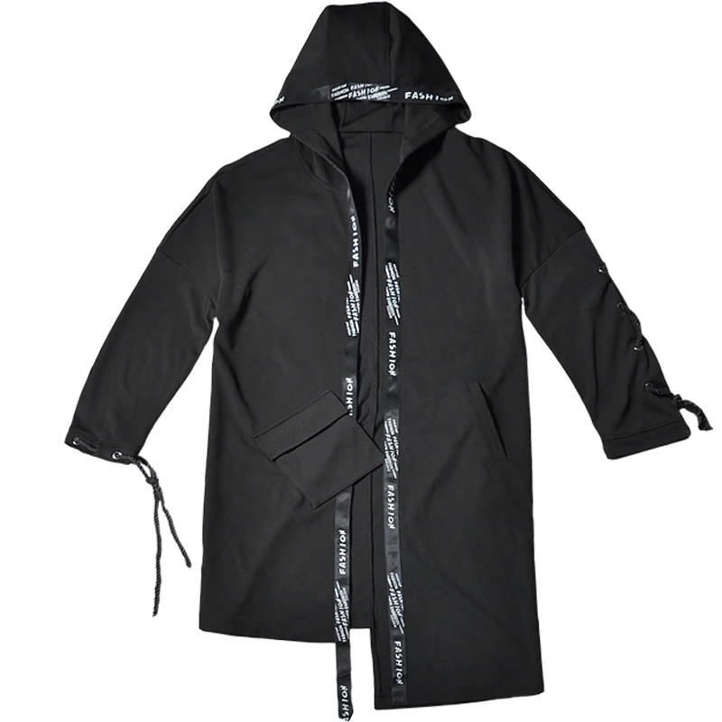 

Drop shipping men autumn winter sleeves drawstring hip hop hooded trench coat vintage long jacket men's street casual punk cloak