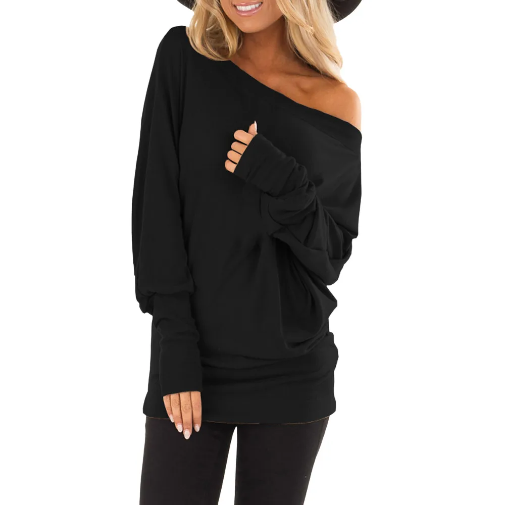 Женская блузка с косым воротником повседневная однотонная длинными рукавами на