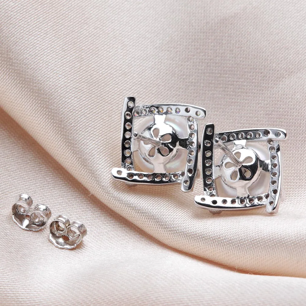 

Fashion Zircon 100% Natural Freshwater Pearl Women Stud Earrings Silver 925 Flower Jewelry Wedding Earrings