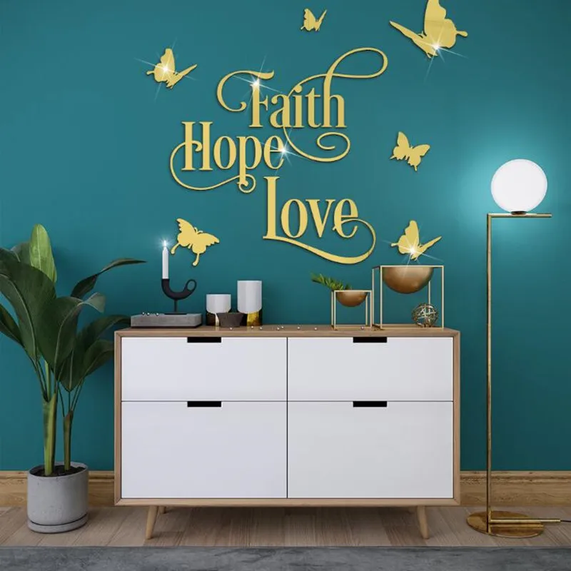 

DIY Acrylic Mirror Stickers Faith Hope Love Butterfly Waterproof Self-adhesive Mirror Wall Stickers for Kids Room Decoration