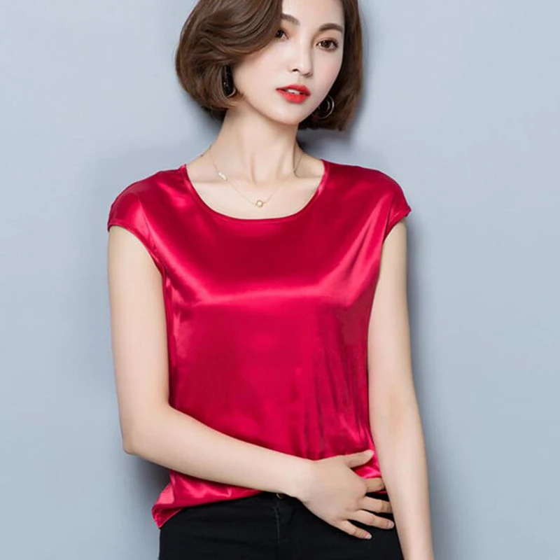 

Summer women t shirt silk 2018 tops tees women clothing chiffon o-neck fashion women's T-shirts for sleeveless Plus Size Top