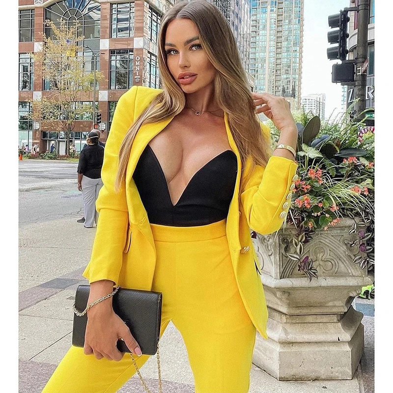 

Yellow Women Two Pieces Set Casual Slim Long Sleeve Buttons Blazer Suit & Skinny Pants 2021 Autumn Fashion Ladies Outfit 90103