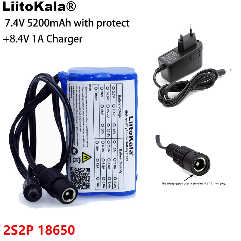 

LiitoKala 7.4 V 5200 mAh with protect 8.4 V 18650 Li-ion Battery pack for bike lights Head lamp DC 5.5*2.1mm +8.4V 1A Charger