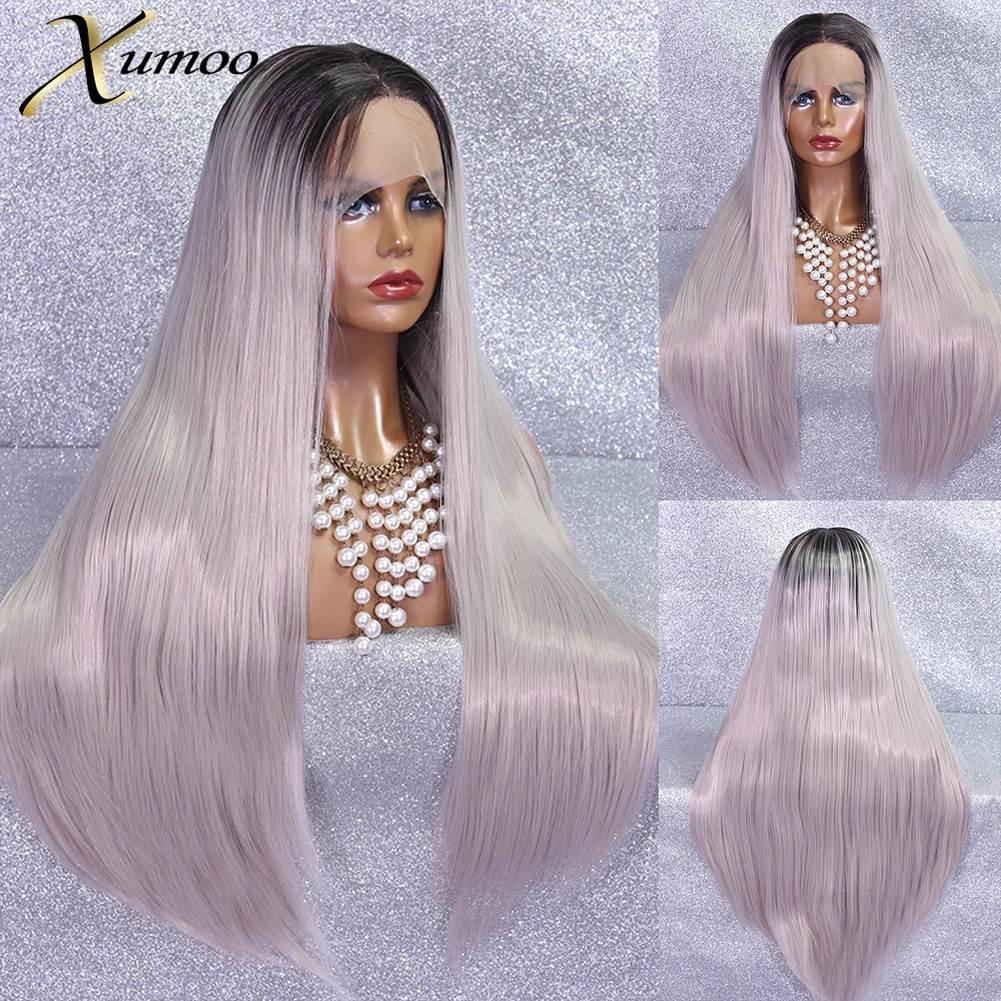 

XUMOO Ombre Platinum Blonde Synthetic Lace Front Wig With Brown Roots Long Bone Straight Sliver Grey Drag Queen Cosplay Wigs