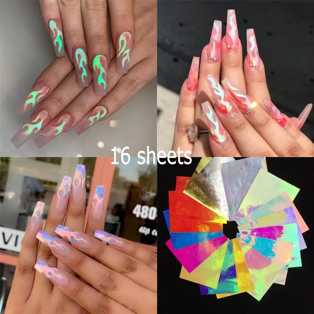 16 цветов виниловые наклейки на стену с рисунком &quotногтей голографическая пламя
