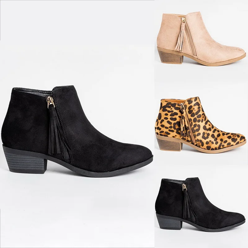 Женские ботинки на молнии с кисточками ботильоны острым носком толстом каблуке