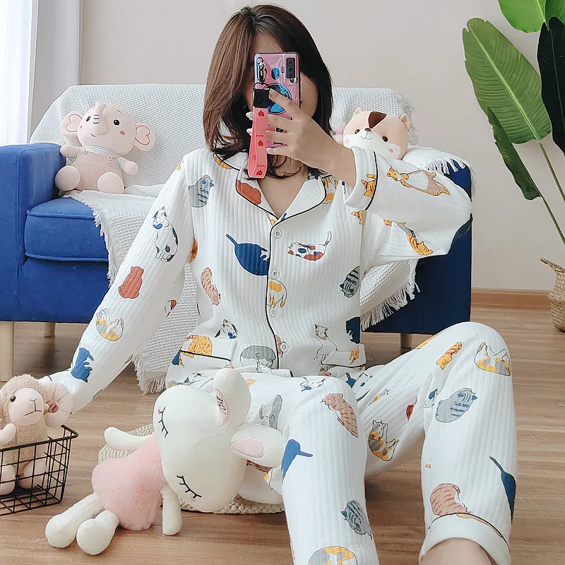 2022 Thick Warm Winter Pajamas For Women 100%Cotton Home Suit Cartoon Cat Printed Sleepwear Female 2Pcs Long Sleeve Homewear Set enlarge