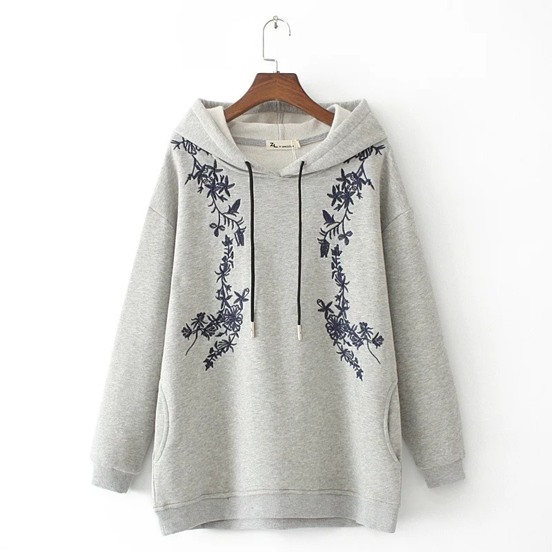 

Plus Size XL-4XL Women's Grey Black Embroidery Vintage Hoodies Casual Thick Hooded A-line Outerwear
