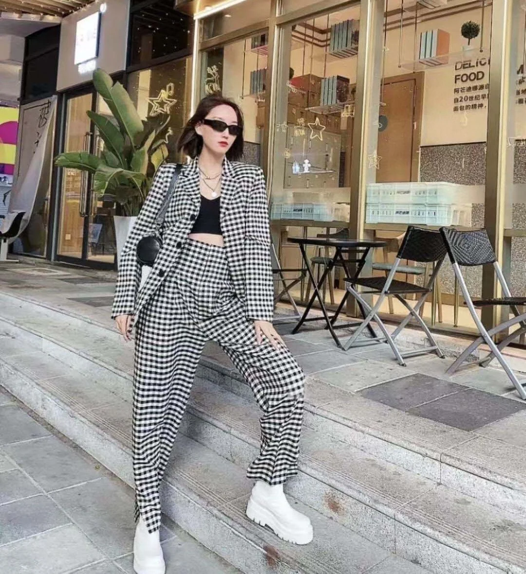 

Spring Fashion 2021 New Women Backless Plaid Blazer Jacket With High Waist Long Trouse Female Pants Suits Sets 2 Color Gdnz 5.01