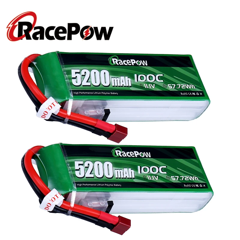 RacePow 5200mAh 11.1V 3S 100C RC Lipo Battery with T Deans Plug Graphene Batterie for RC Car Boat Helicopter Airplane 2 units