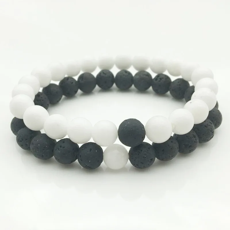 2019 Classic 2Pcs Black White Natural Pumice Stone Beaded Bracelet Men's Women's Bracelets Friends Couples Jewelry Gifts | Украшения