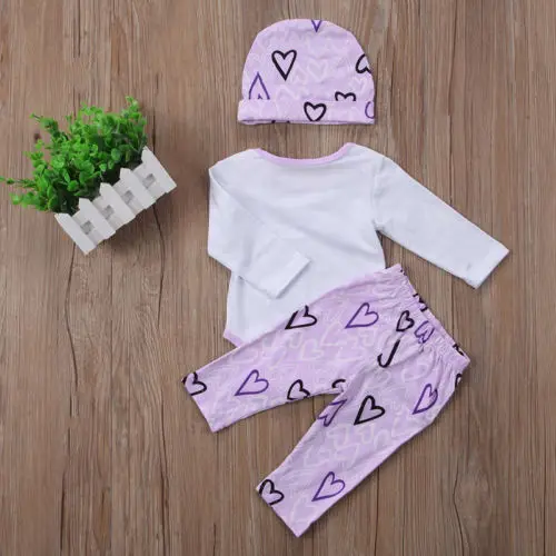 

Infant Baby Girls Clothing New Newborn Cotton Long Sleeve Romper+Heart Pants +Hat Outfits Set Clothes 3Pcs