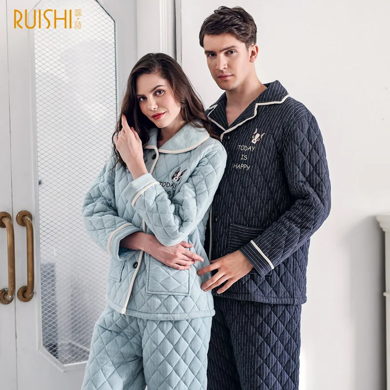 Couple's Pajamas Sets Three Layer Cotton Padded Thickened Winter Cartoon Men's and Women's Sleepwear Two Piece Set Plus Size