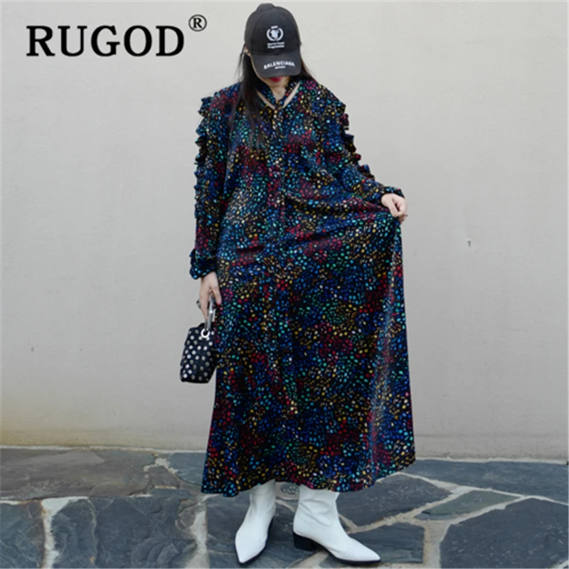Женское платье с принтом RUGOD свободное макси длинным рукавом и шарфом новинка 2020 |