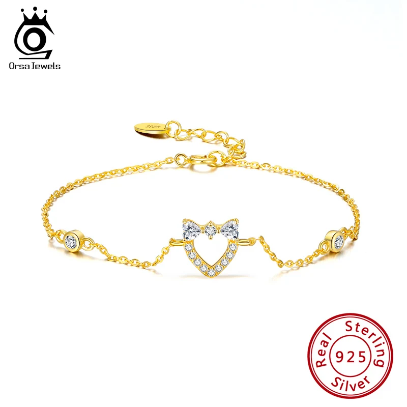 

ORSA JEWELS 14K Gold Color Love Heart Charm Bracelets 925 Sterling Silver For Young Women Valentines Day Gifts Fine Jewelry SB97