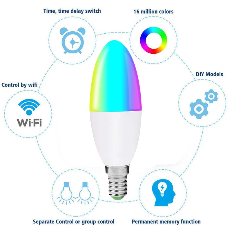 Wi Fi светодиодный смарт лампы в форме свечи E14 E26 E27 B22 6 Вт белый свет + RGB пульт