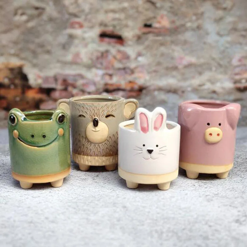 

4pcs/set Cute Animal Rabbit Pig Frog Flowerpot Desktop Decor Ceramic Succulent Plant Pot Handmade Coarse Pottery Vase Container