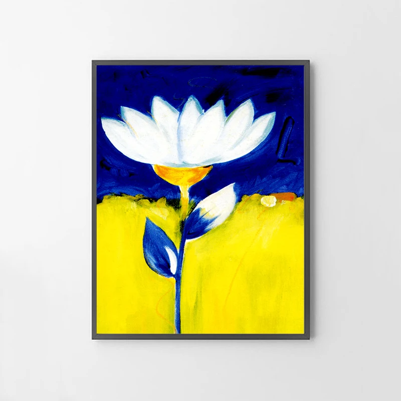 Картина на холсте абстрактный Цветущий белый лотос синие листья плакат печать